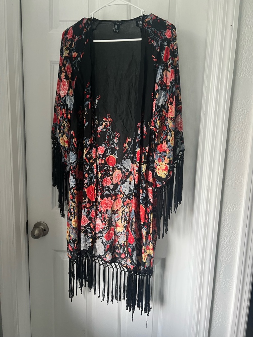 Forever 21 Black Floral Fringe Kimono Coverup with Red, Yellow, Pink Accents